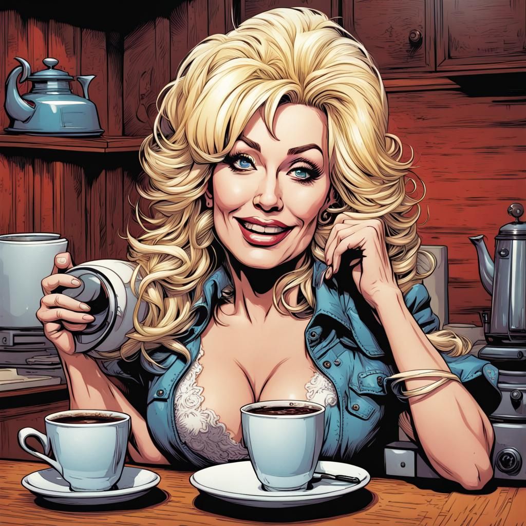 Dolly Parton Coffee Pot in Comic Book Style