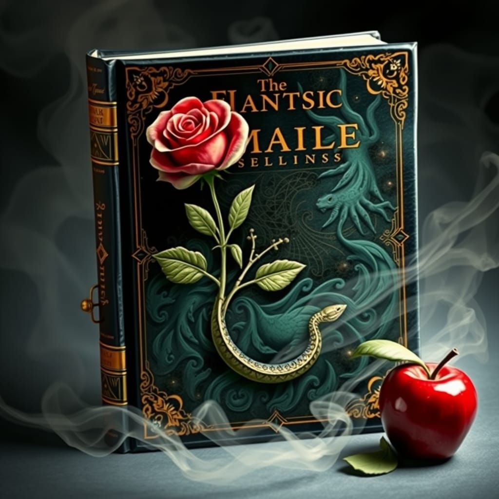 Magical Book Cover with Enchanted Rose and Snake