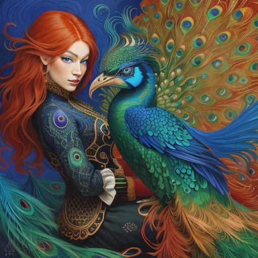 Dragon Woman with Peacock Feathers, Abstract Expressionism