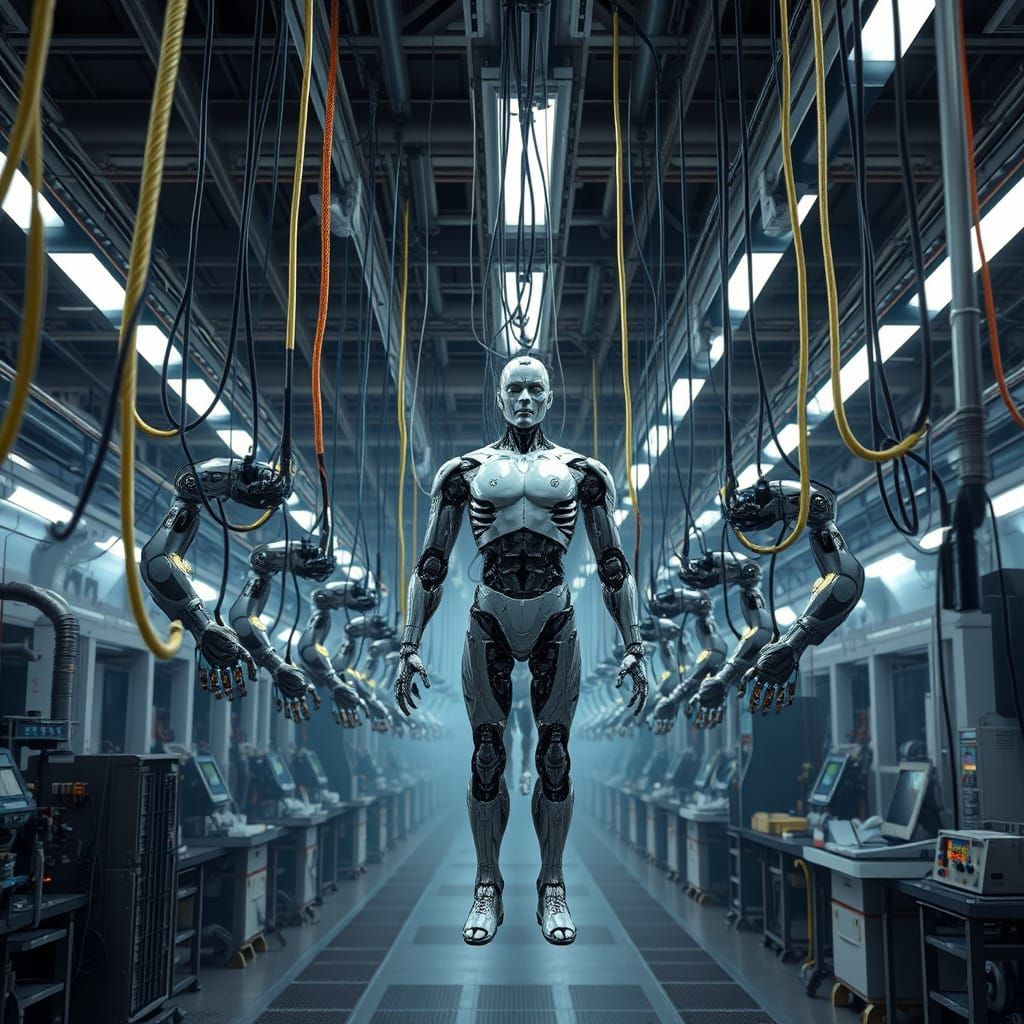 Android Assembly Line in a Cyberpunk Factory