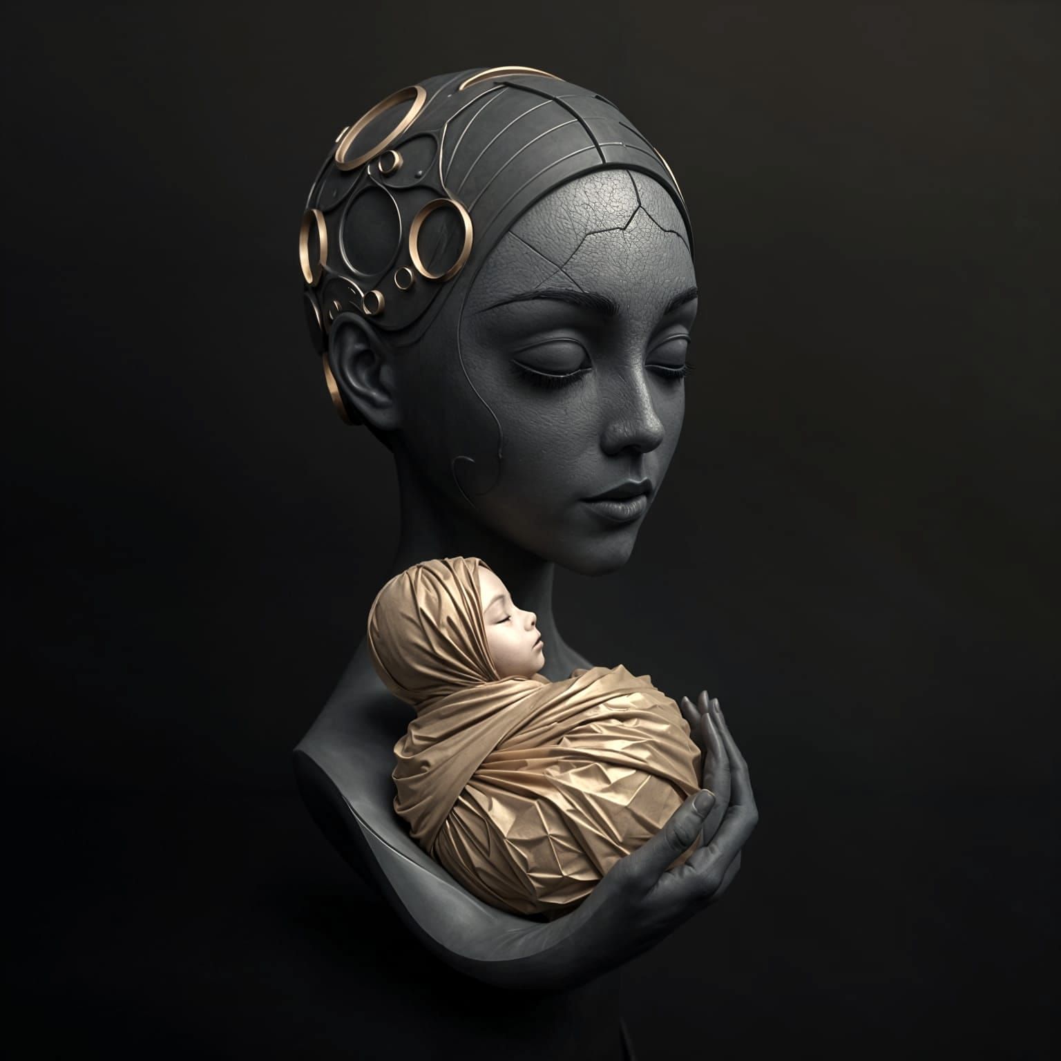 Futuristic Mother and Child Sculpture in Earth Tones