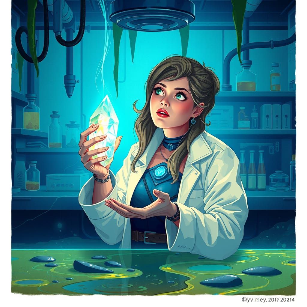 Woman Discovering Crystal in Futuristic Lab