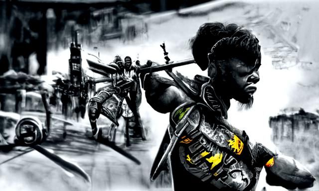 Hyperdetailed African Warrior in Cityscape Charcoal Drawing