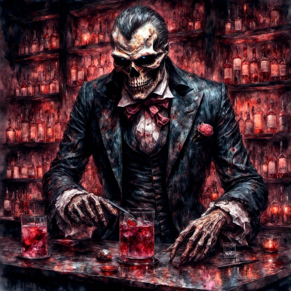 Cyborg Bartender in Moody Watercolor Style