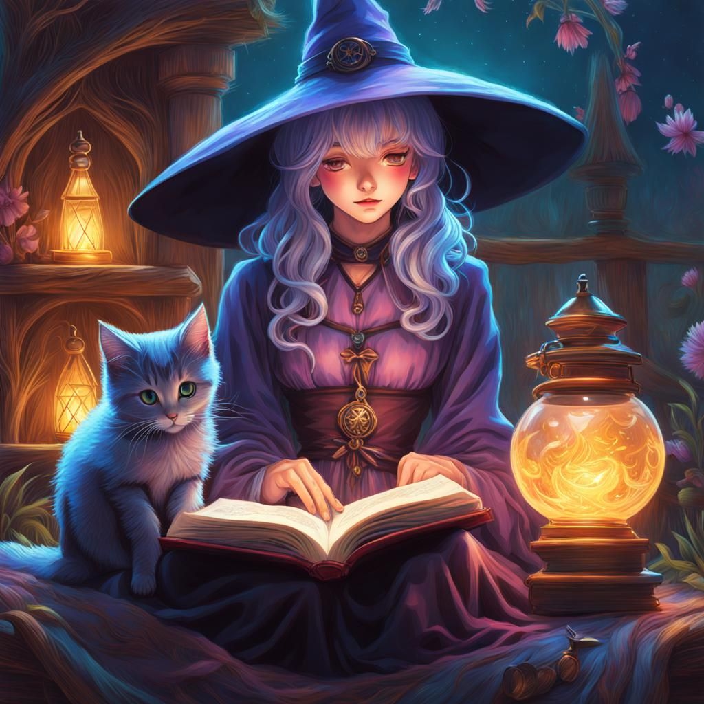 Anime Witch with Kitten in Lofi Pastel Style