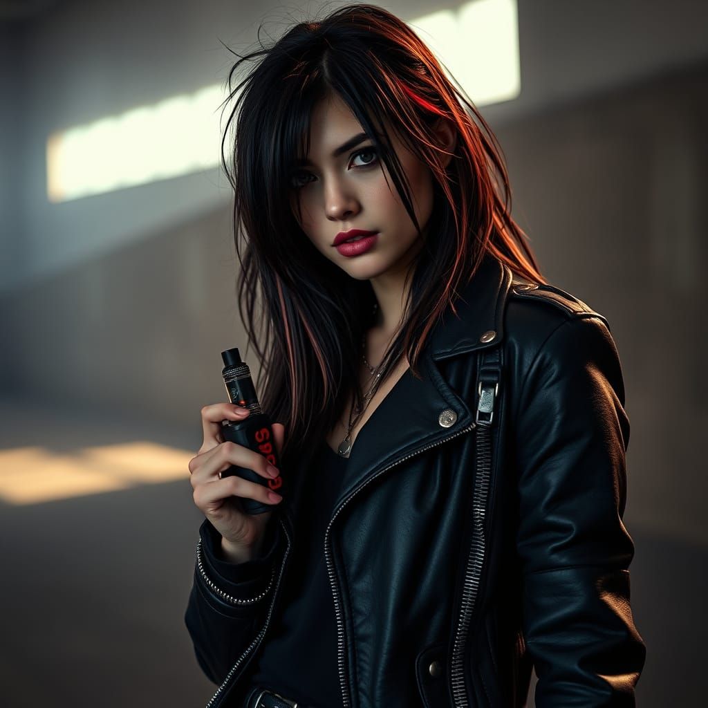Grunge aesthetic girl, long black and red hair, leather jacket, combat boots, pretty, Geek Bar Pulse vape