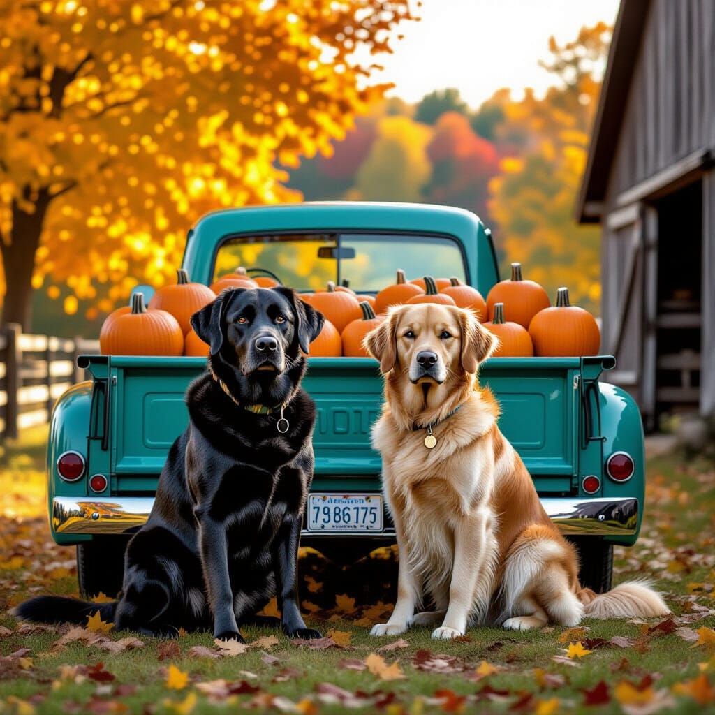 Labrador & Golden Retriever in Vintage Truck with Pumpkins
