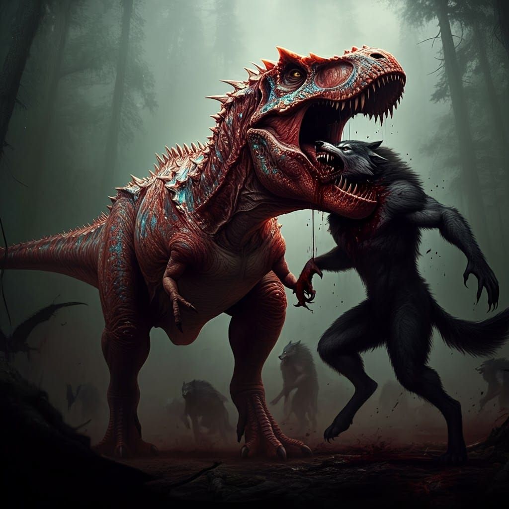 Opal-Skinned T-Rex Devouring Werewolf in Primeval Forest