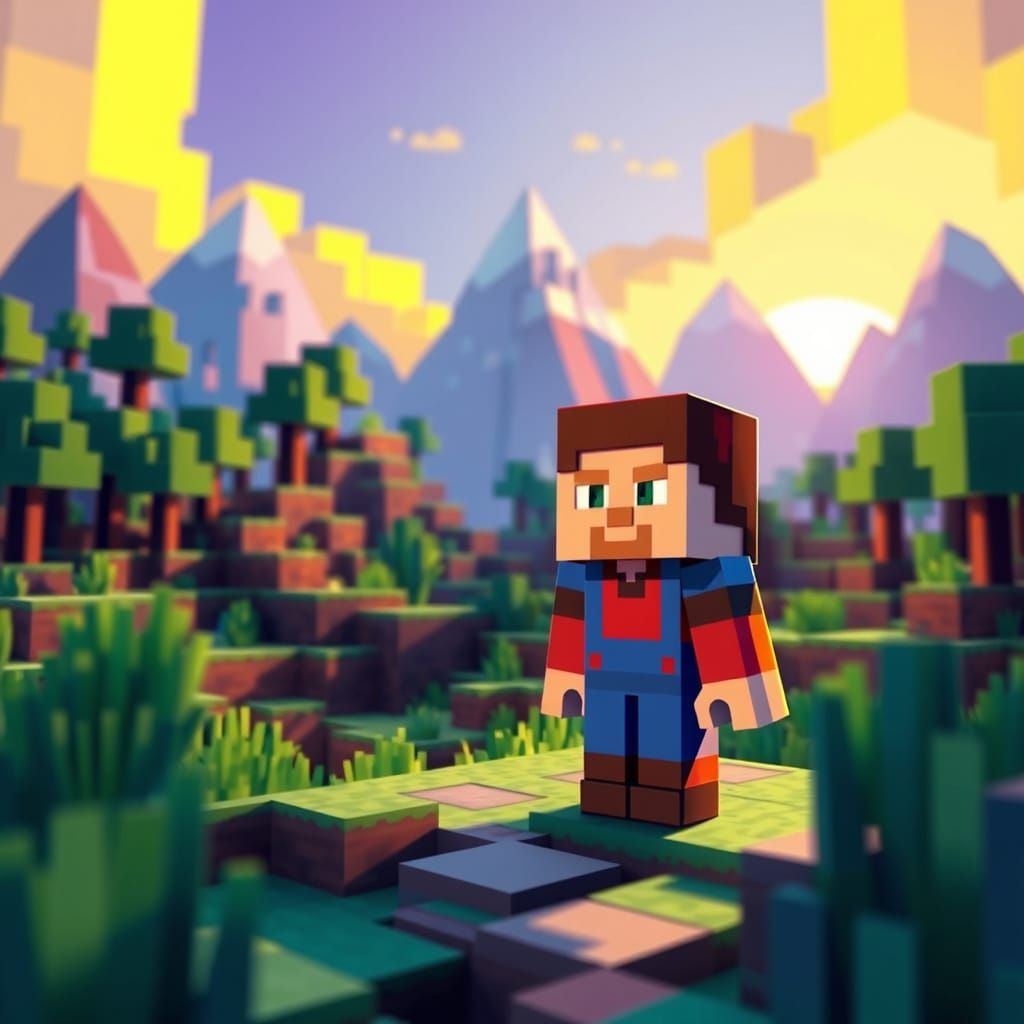 Blocky Minecraft Landscape in Retro-Futuristic Style