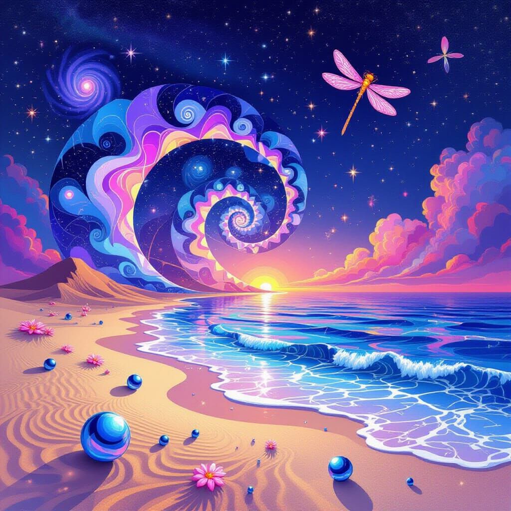 Psychedelic Galaxy Beach Sunset with Dragonflies