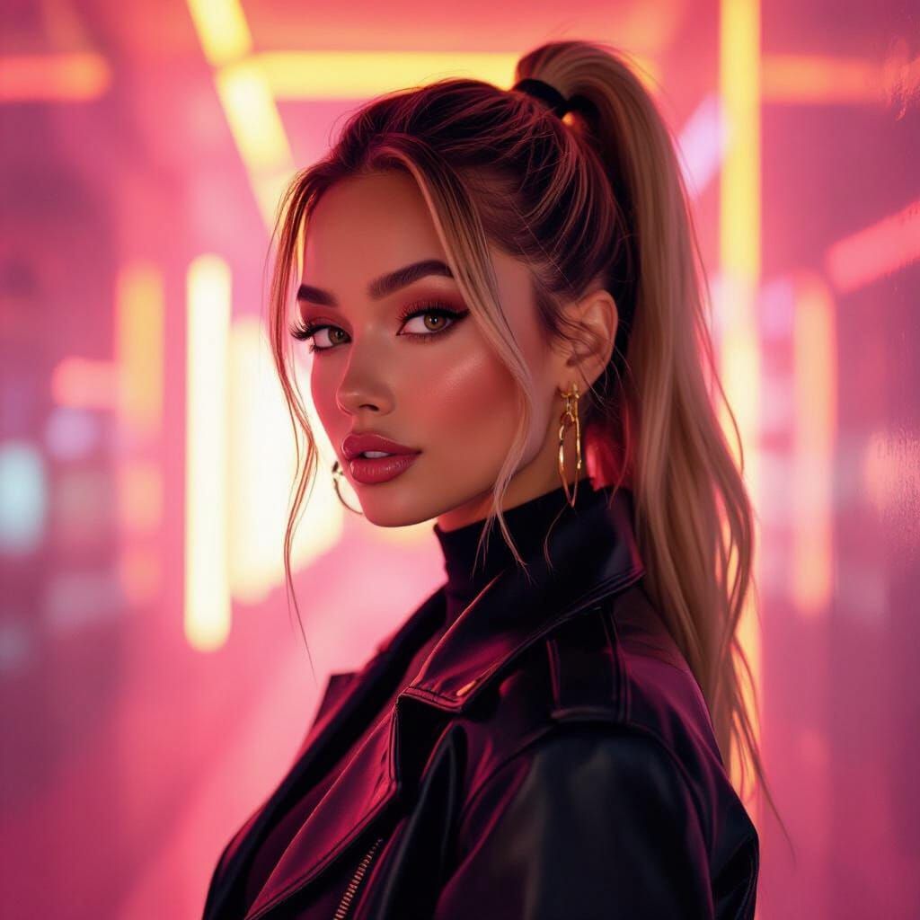 Confident Woman in Futuristic Neon Cityscape