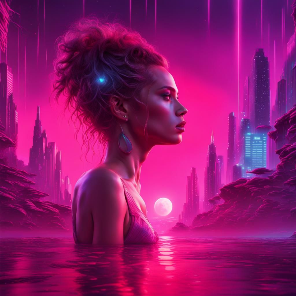 Synthwave Woman's Heartbreak: Detailed Digital Painting