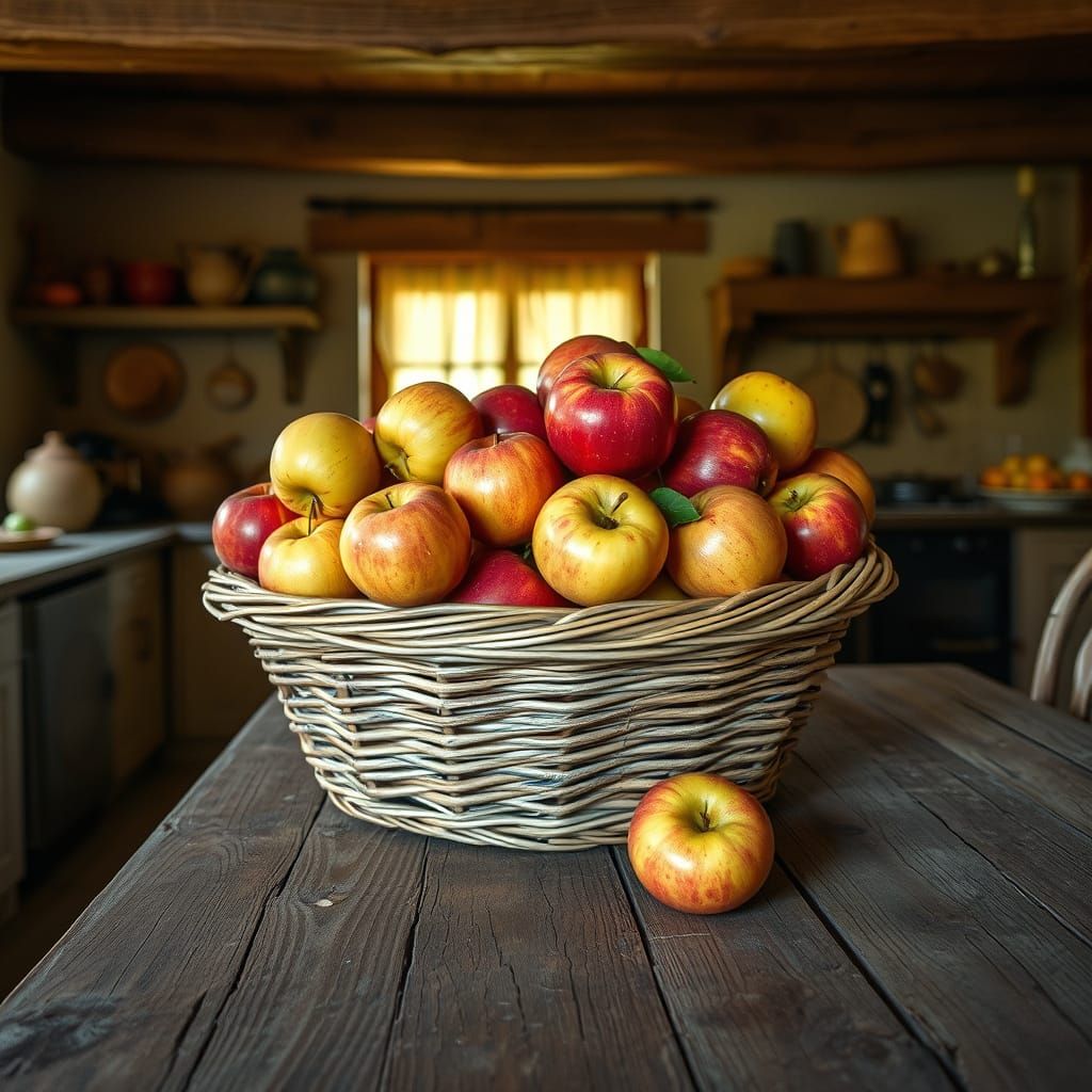Rustic Still Life of Vibrant Apples in a Traditional Country...