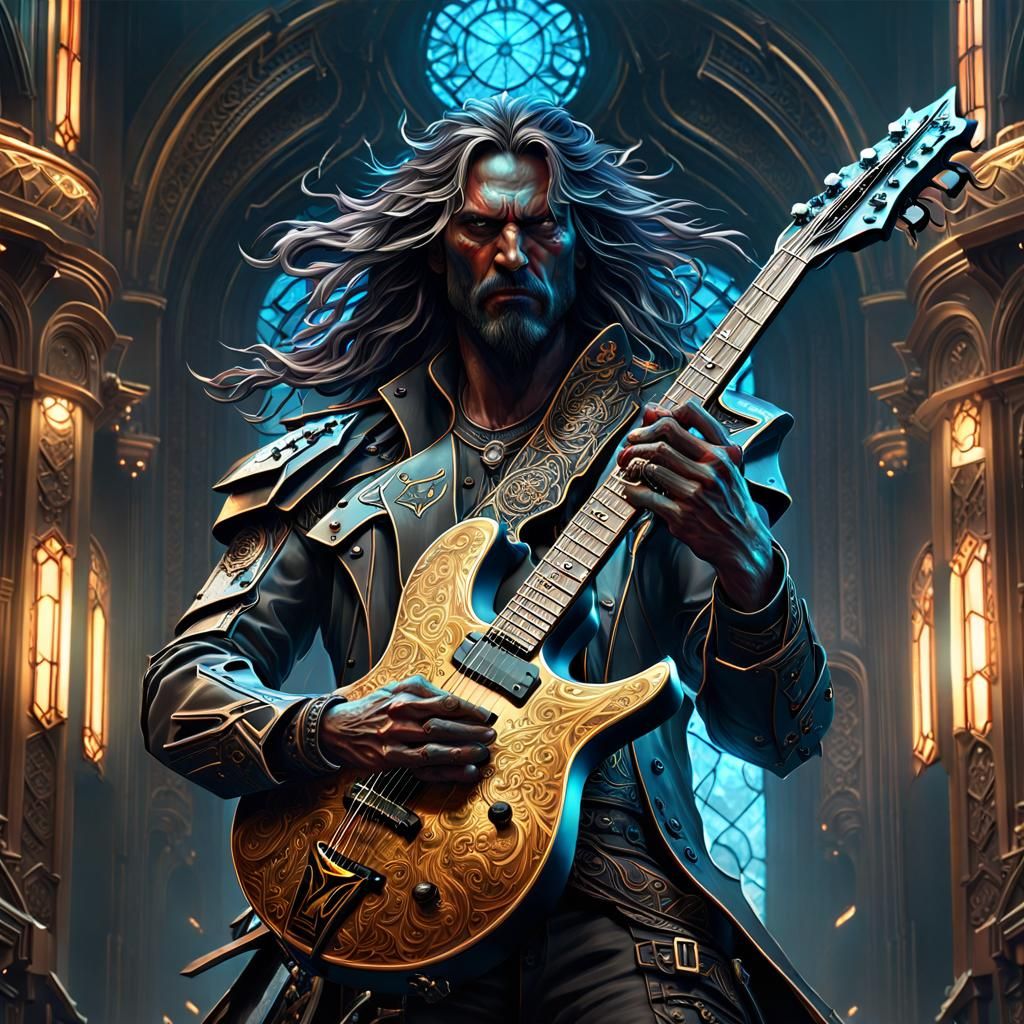 Epic Heavy Metal Guitar Portrait in Digital Art Style