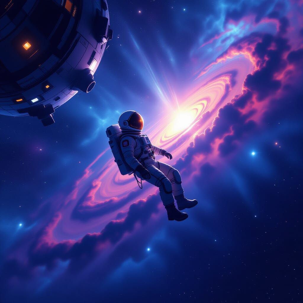 Astronaut Adrift in Starry Deep Space Nebula