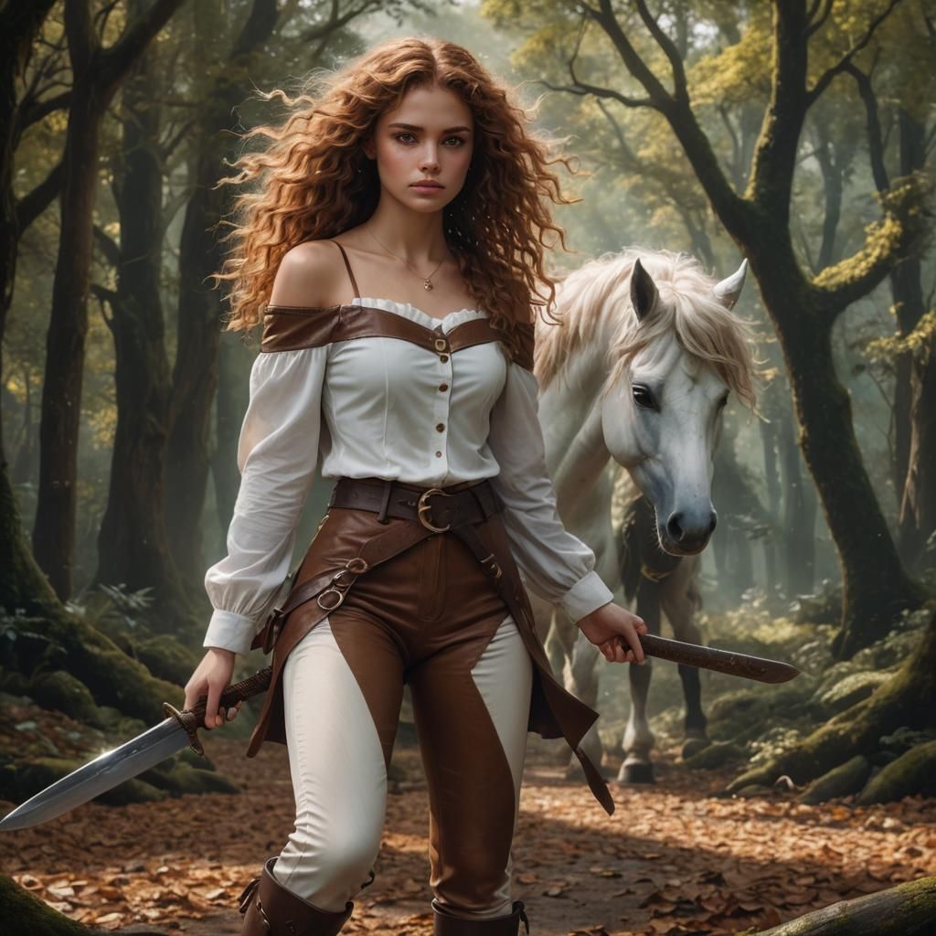 Girl Riding Unicorn in Fantasy Forest
