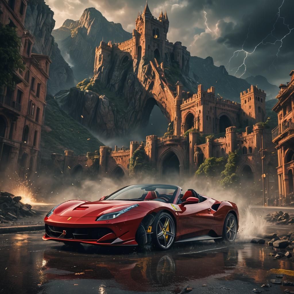 Ferrari Spider in Thunderstorm: Detailed Matte Painting