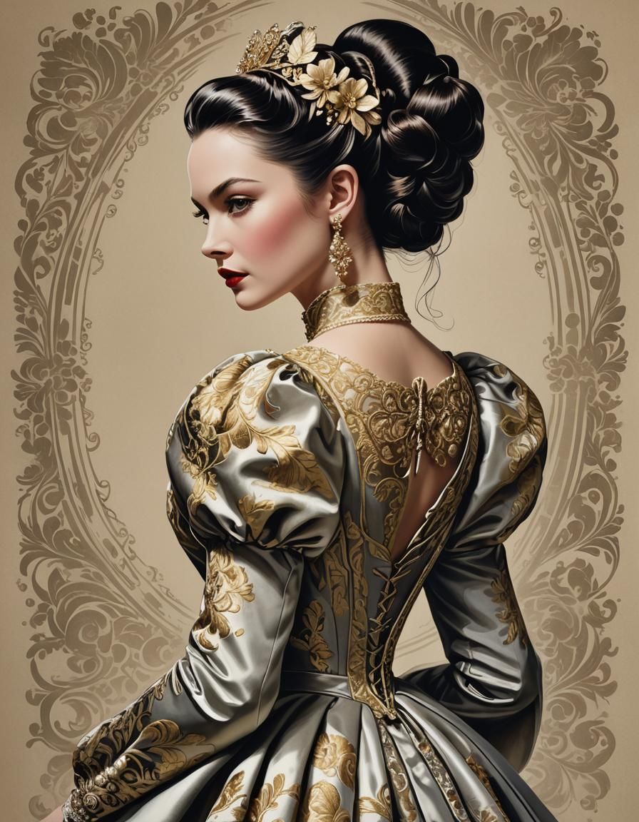 Baroque Princess Fashion Illustration in Rococo Style