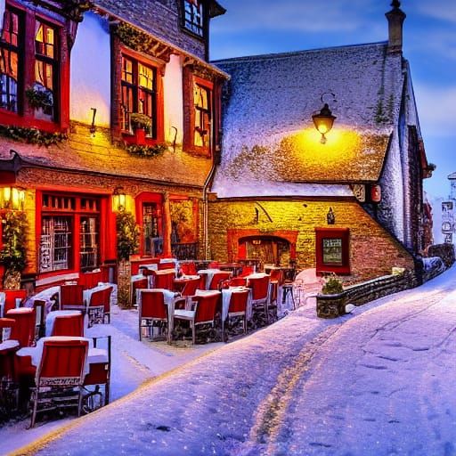 Picturesque Medieval Tavern in Winter, Digital Art