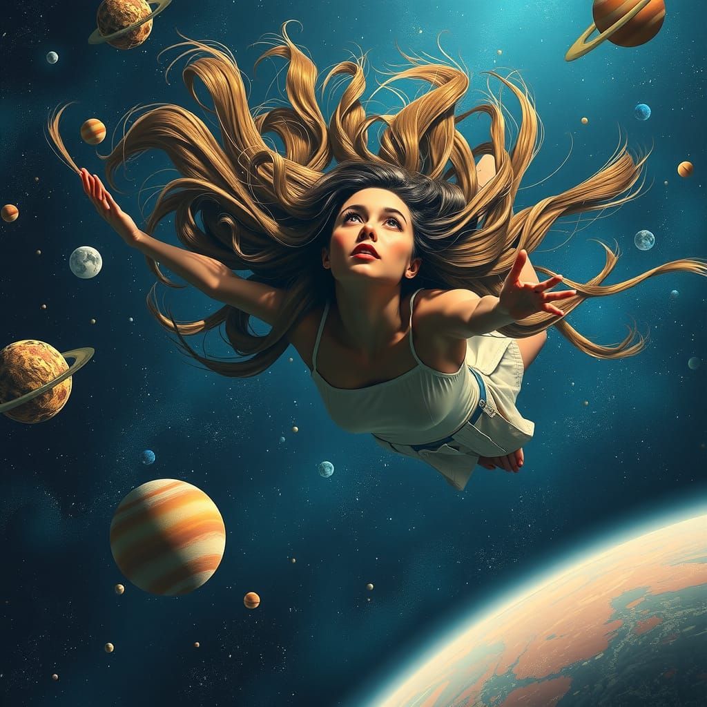 Woman Floating in Space: Surreal Digital Art