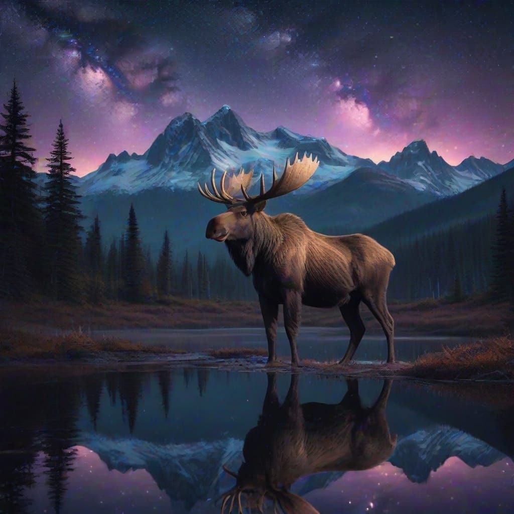 Fantasy Moose Under Milky Way: Digital Concept Art