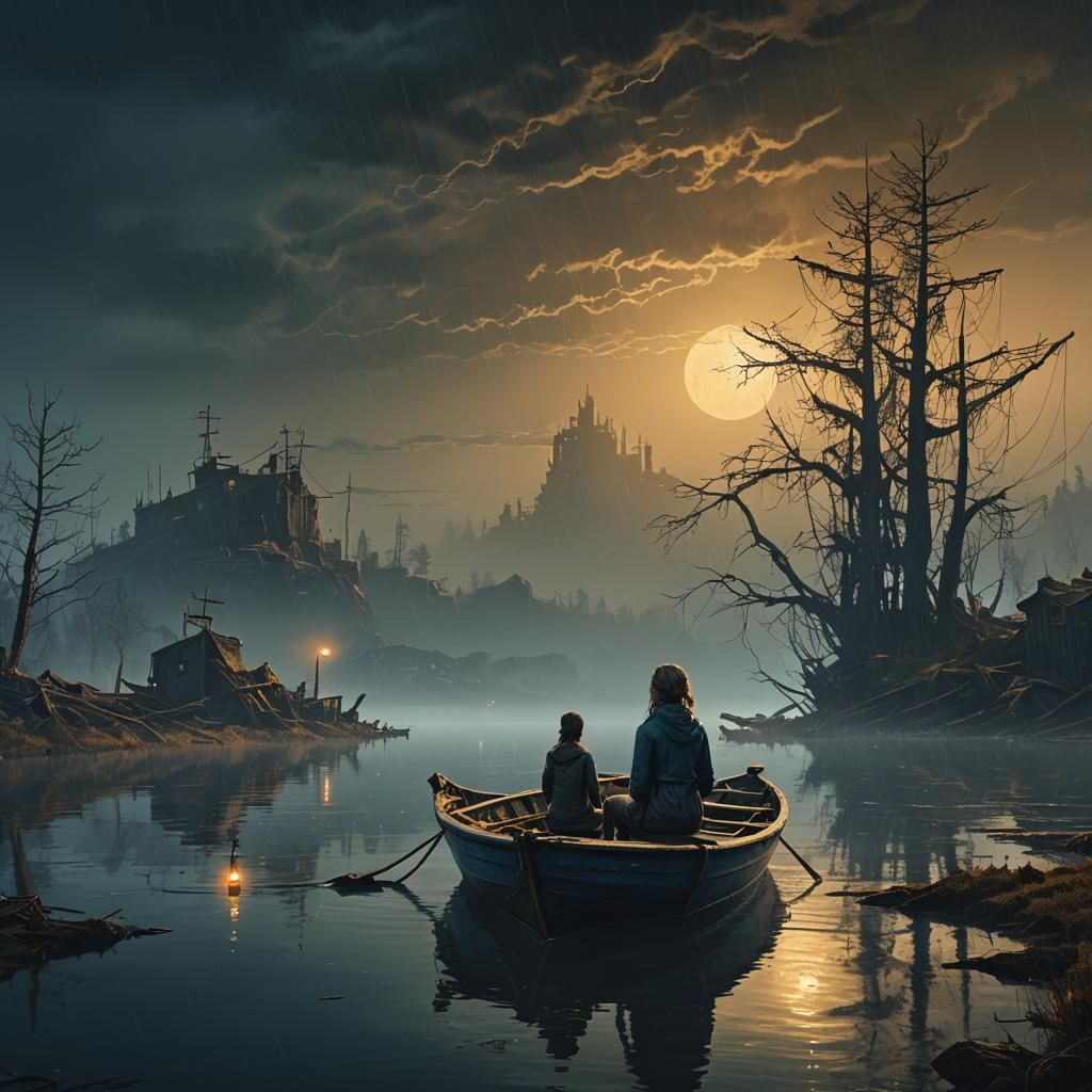 Sad Girl in Eerie Boat: Digital Matte Painting