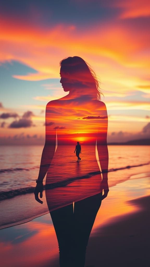 Surrealist Beach Scene at Sunset with Woman's Silhouette