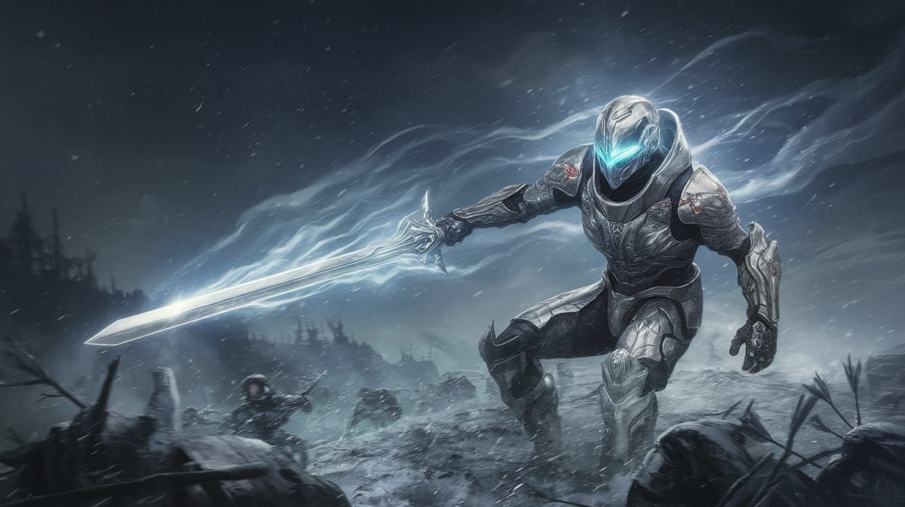 Cybernetic Knight Unleashes Fury in Winter Storm