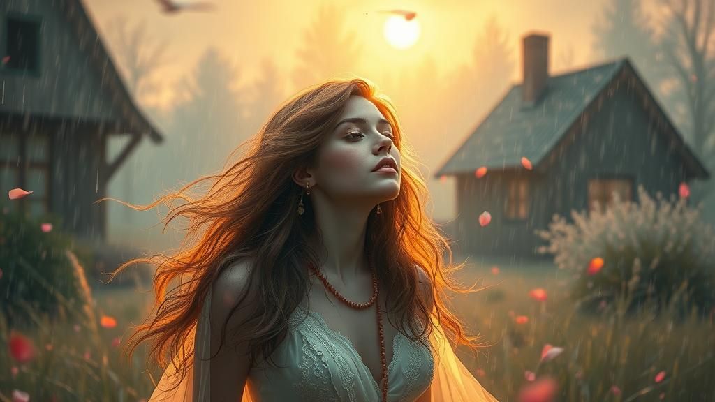 Ethereal Woman in Whimsical Storm at Dawn