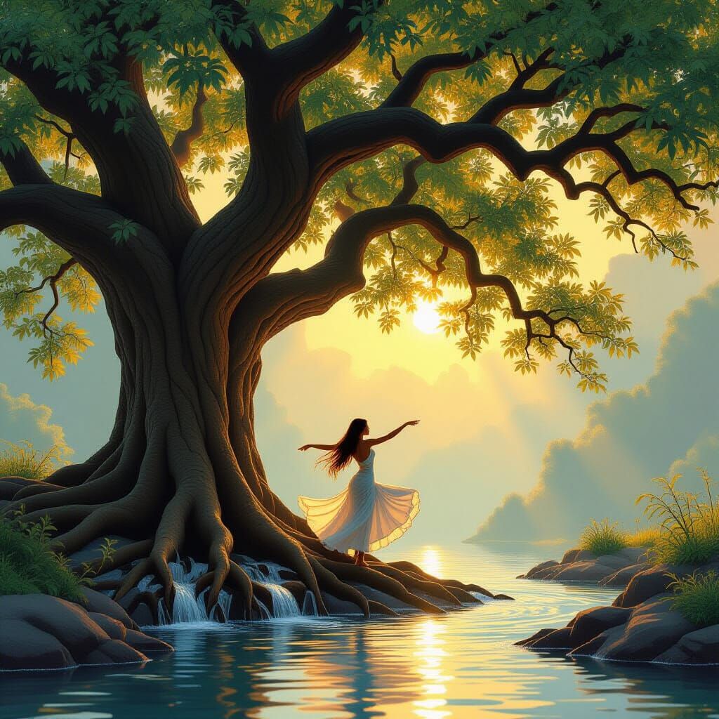 Oak Tree Roots Flowing Water Dance Ethereal Light