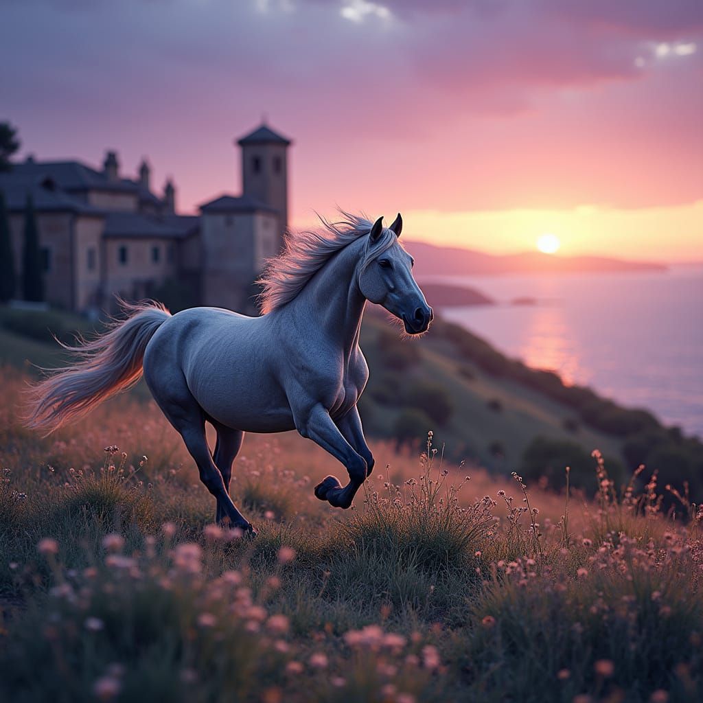 Tuscany Landscape with Galloping Horse at Sunset