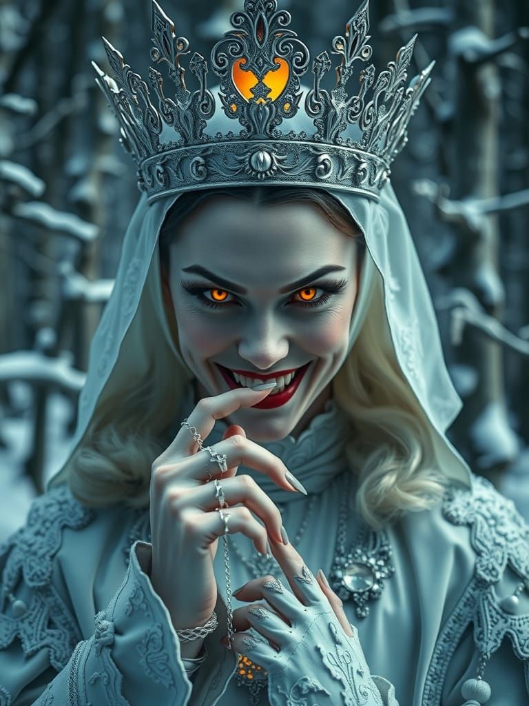 Vampire Queen in Winter Forest with Intense Gaze