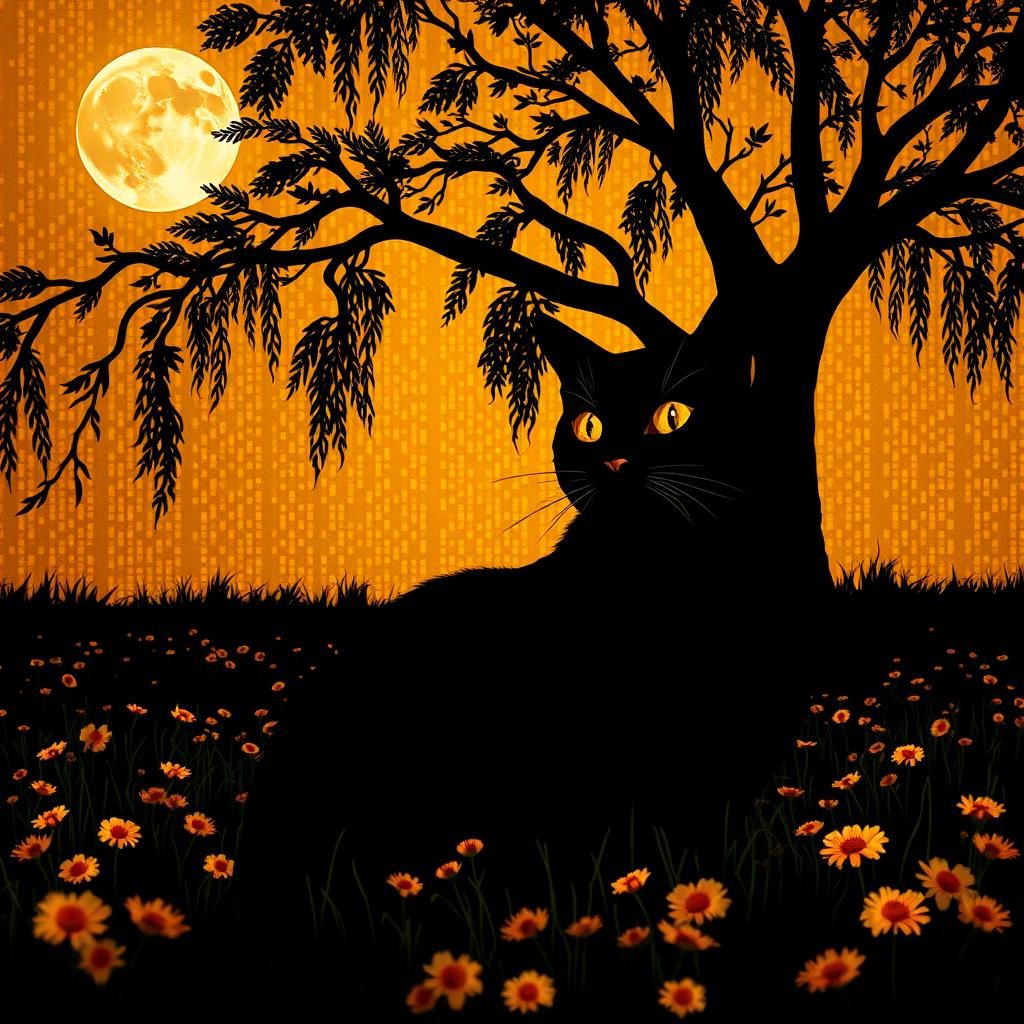 Black and Gold Cat Silhouette Under the Moon