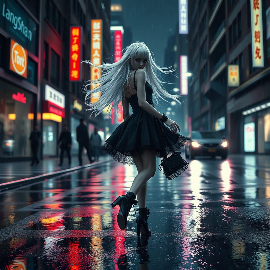 Gothic Lolita Dancing in Neon Cityscape