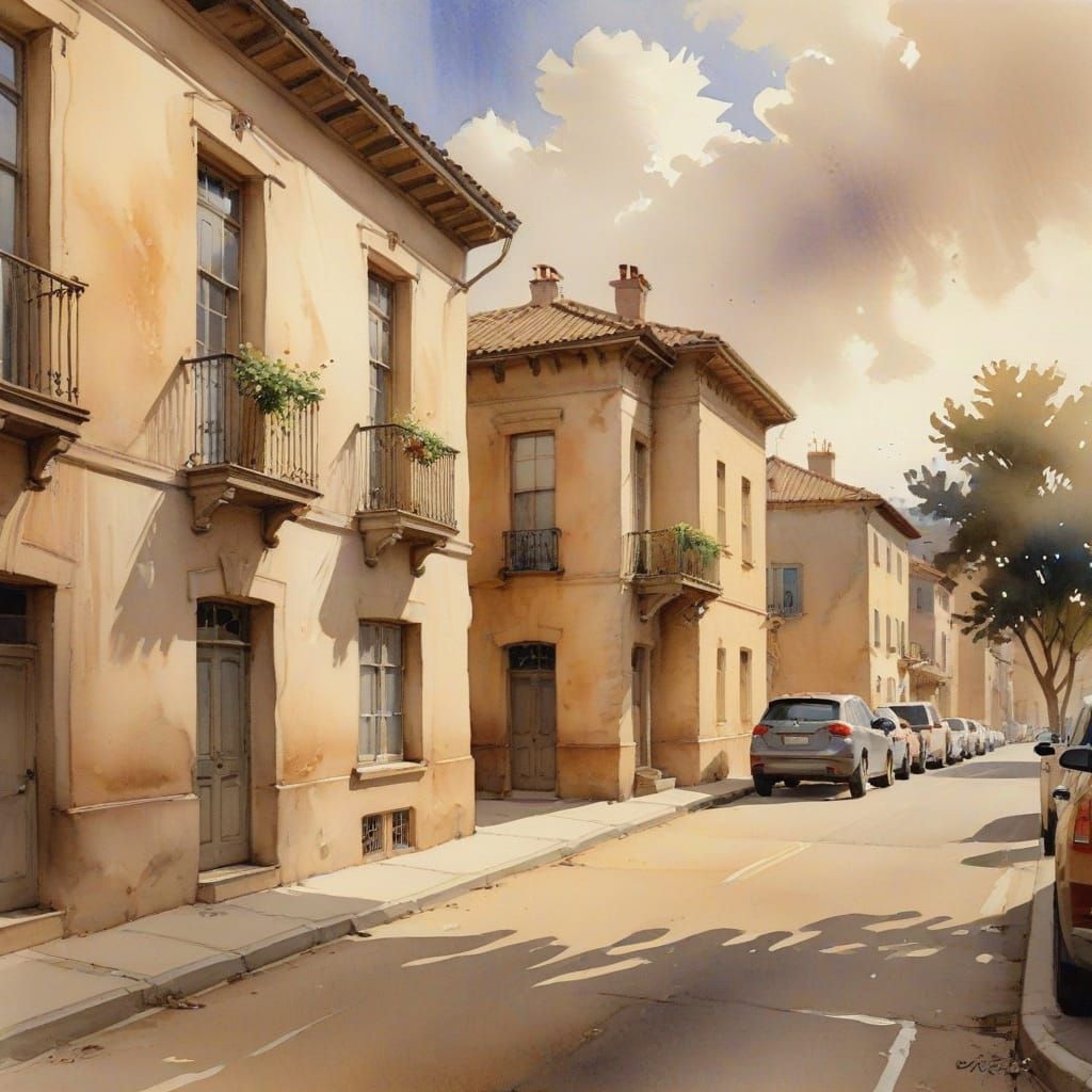 Watercolor Painting of Quaint Small Town Street Scene