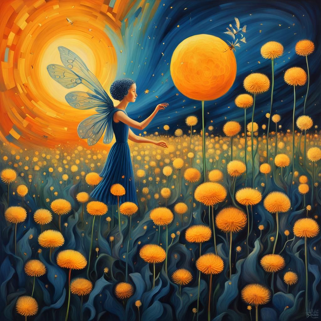 Winged Fairy in Dandelion Field Dreamscape
