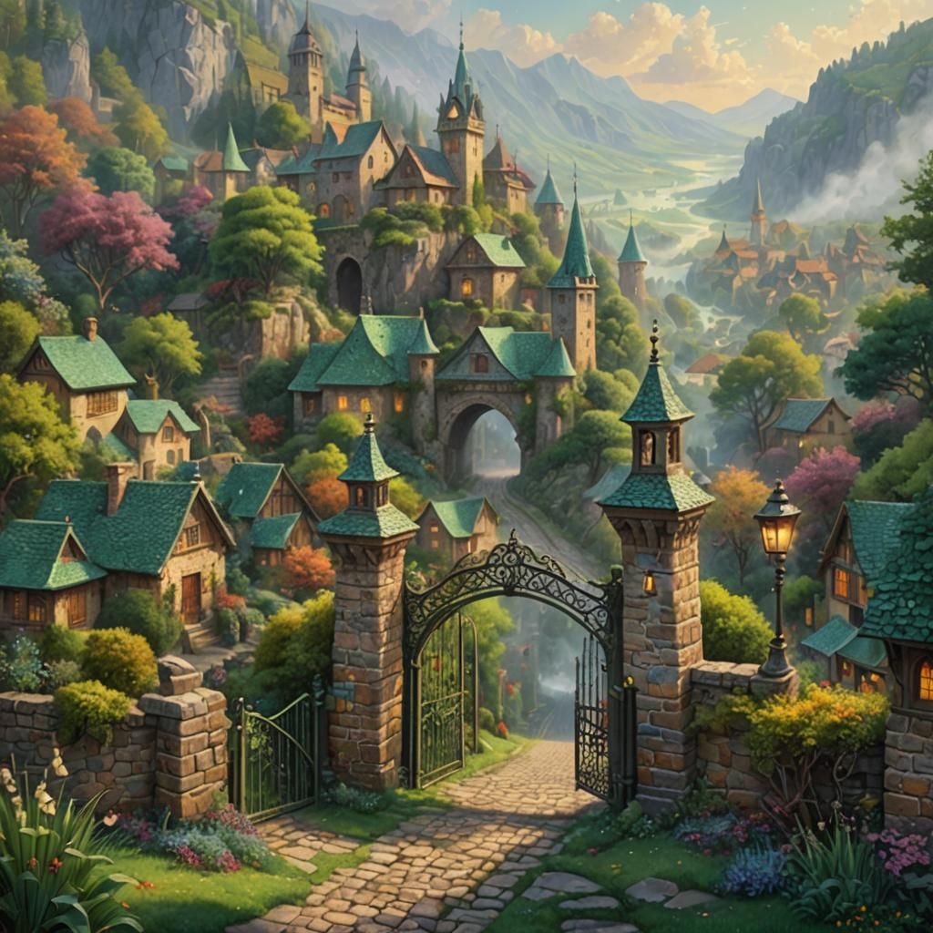 Old Town Gate to Magical Valley in Pointillism Style
