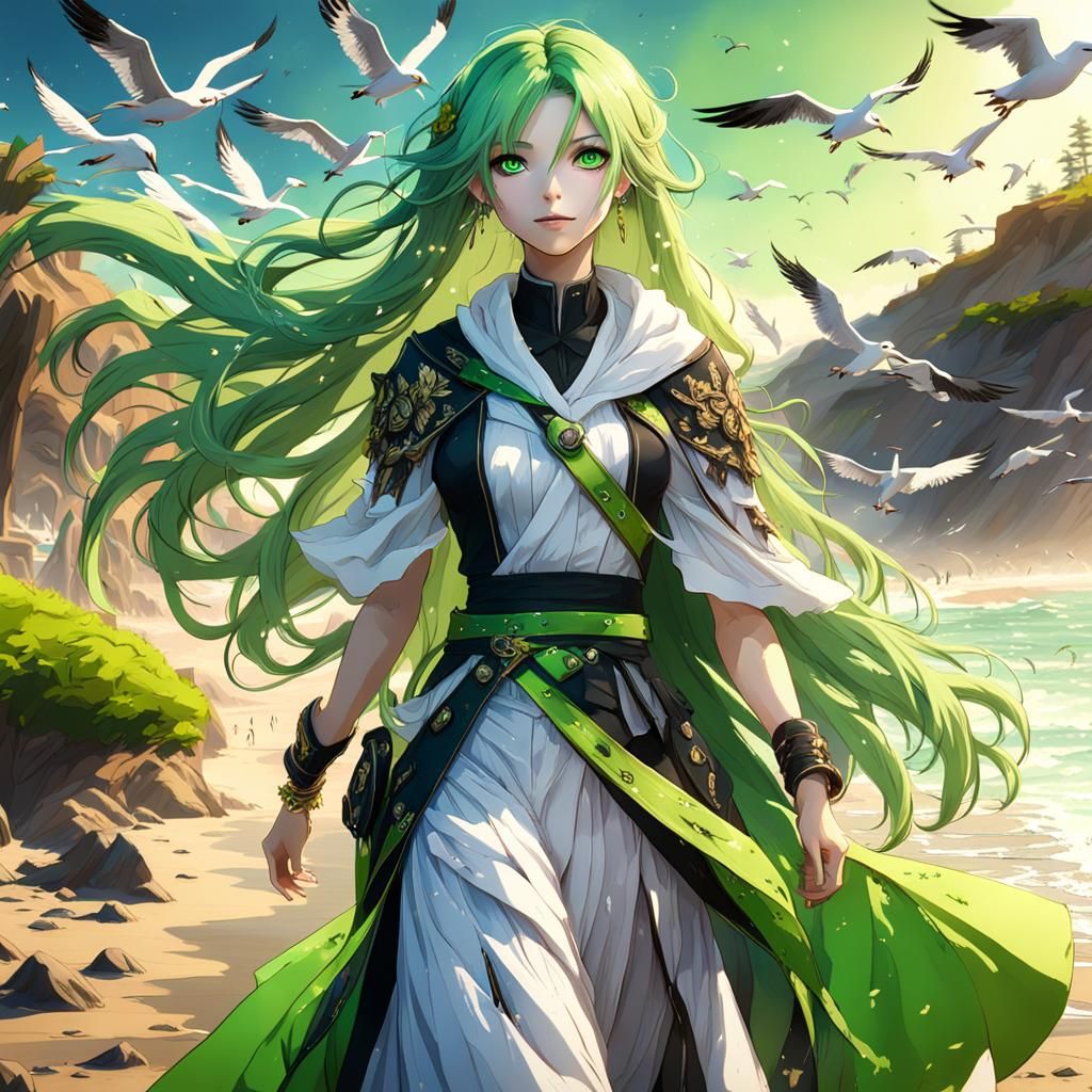 Anime Girl on Beach: Detailed Digital Art