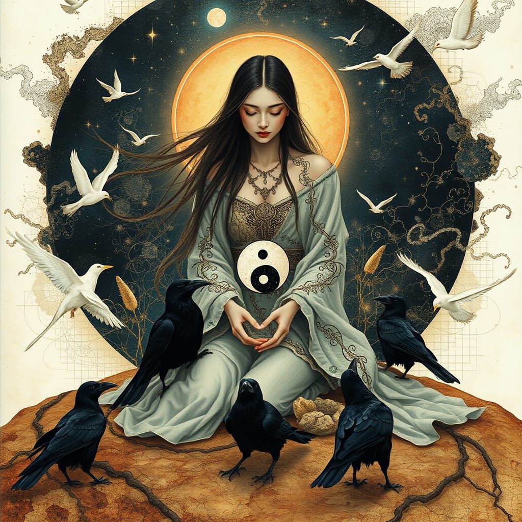 Serene Woman Amidst Ethereal Creatures and Mythical Symbols