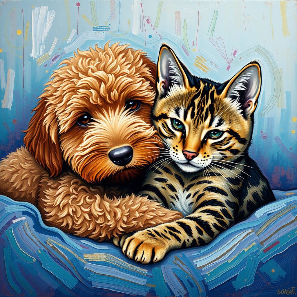 Warm Friendship: Brown Labradoodle and Spotted Tabby Cat