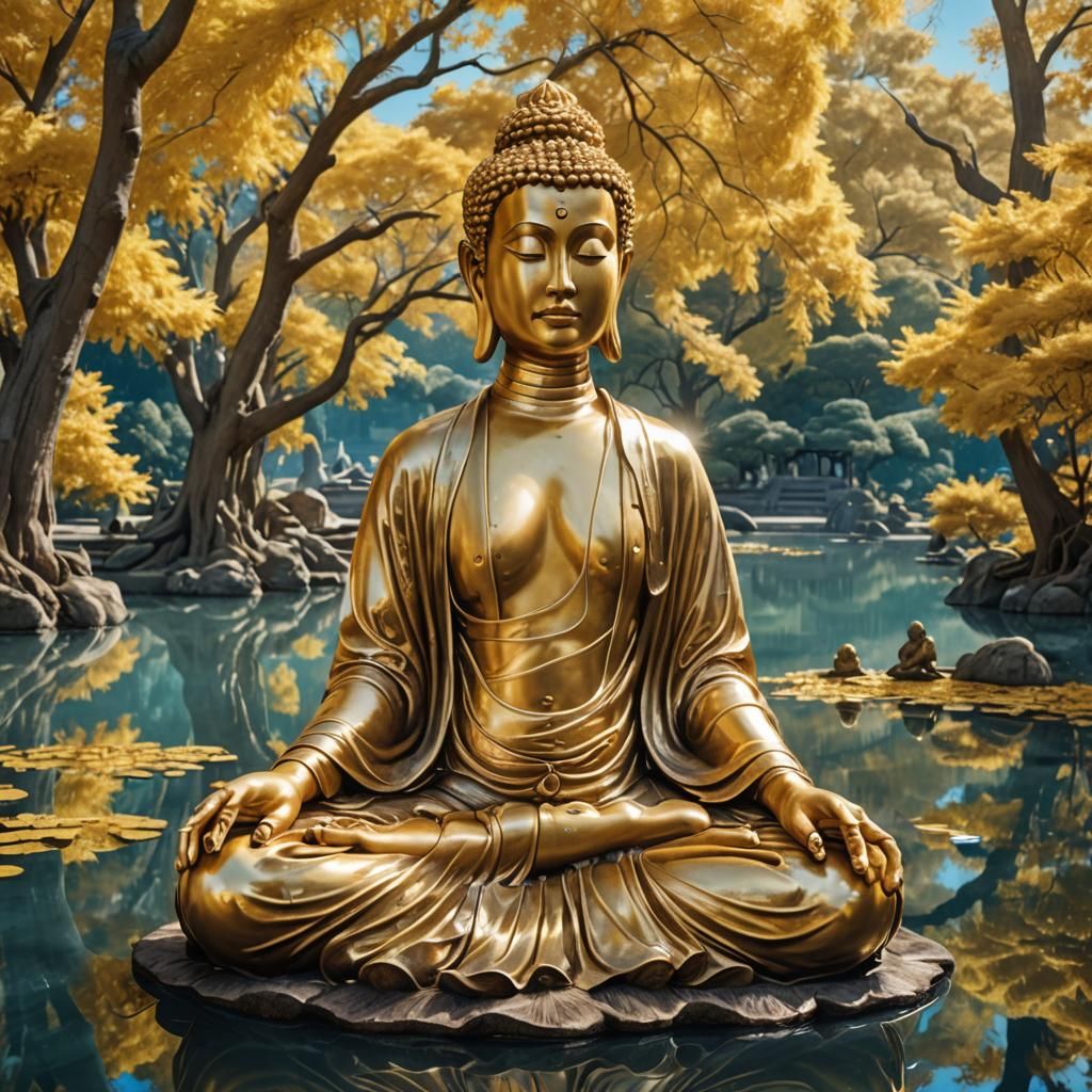 Golden Buddha Statue in Anime Style Park
