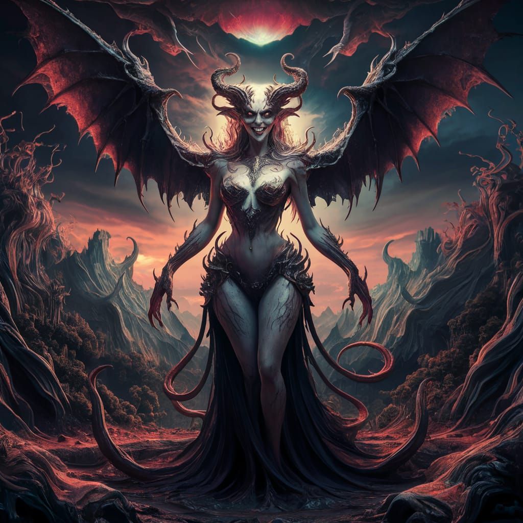 Lilith, Mother of Demons, in Dark Fantasy Landscape