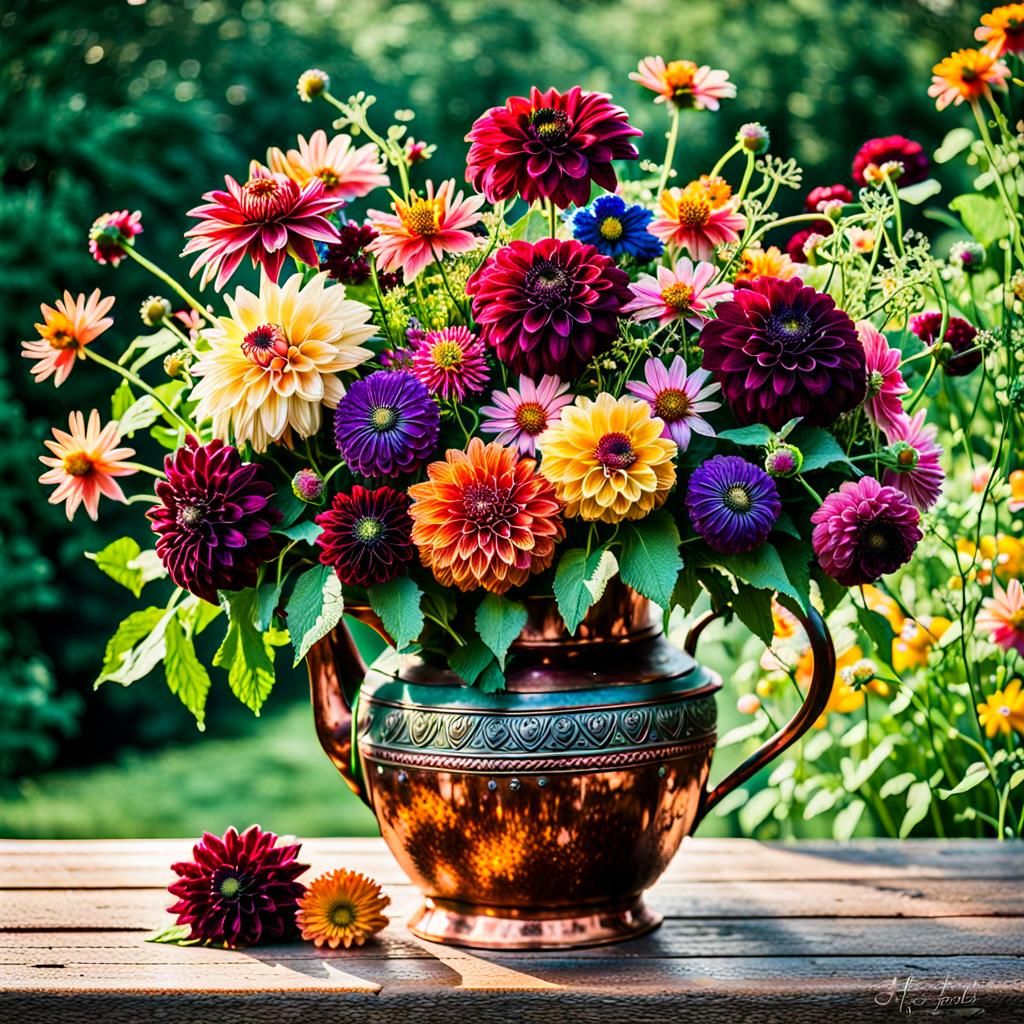 Jewel-Toned Dahlias and Cosmos in Copper Pitcher