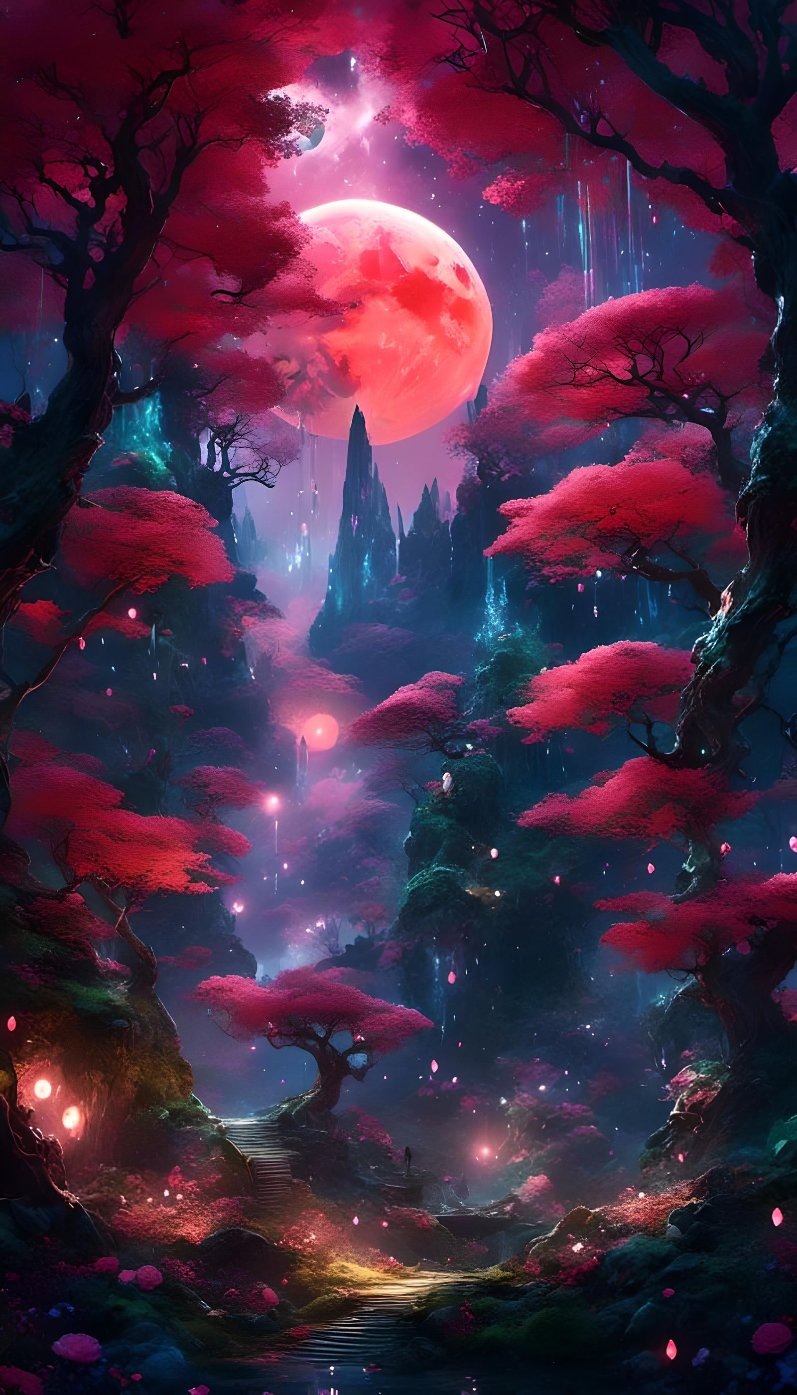 Enchanted Dark Forest with Red Moon and Sparkling Lights