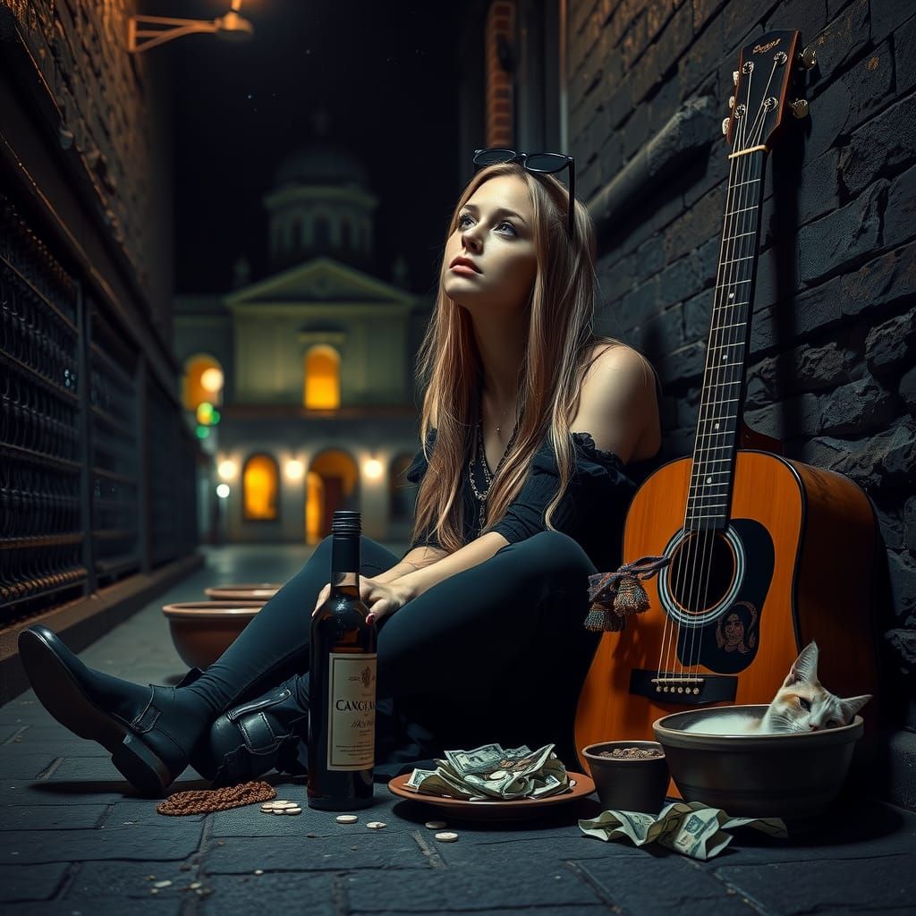 Goth Girl Musician's Prayer in Dimly Lit Alley