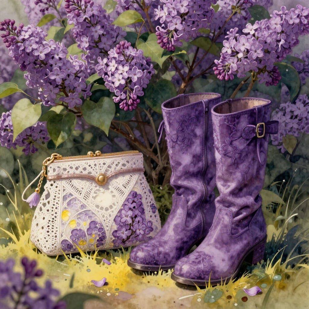 Lilac Lace Purse and Boots in Watercolor Garden