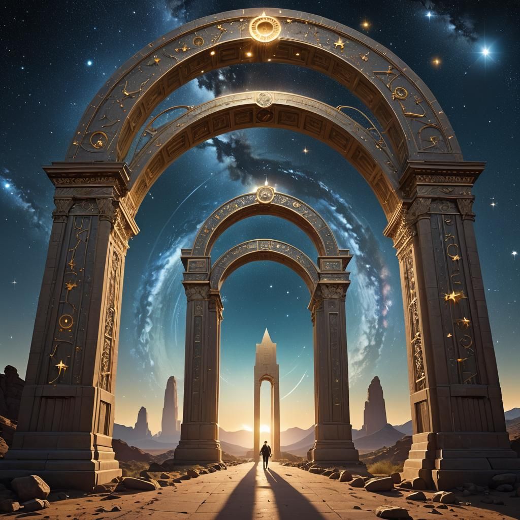 Celestial Gateway with Silver Runes and Approaching Figures