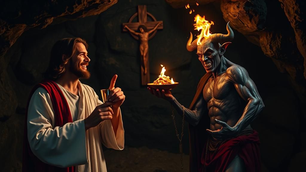 Jesus and Devil in Cave at Night