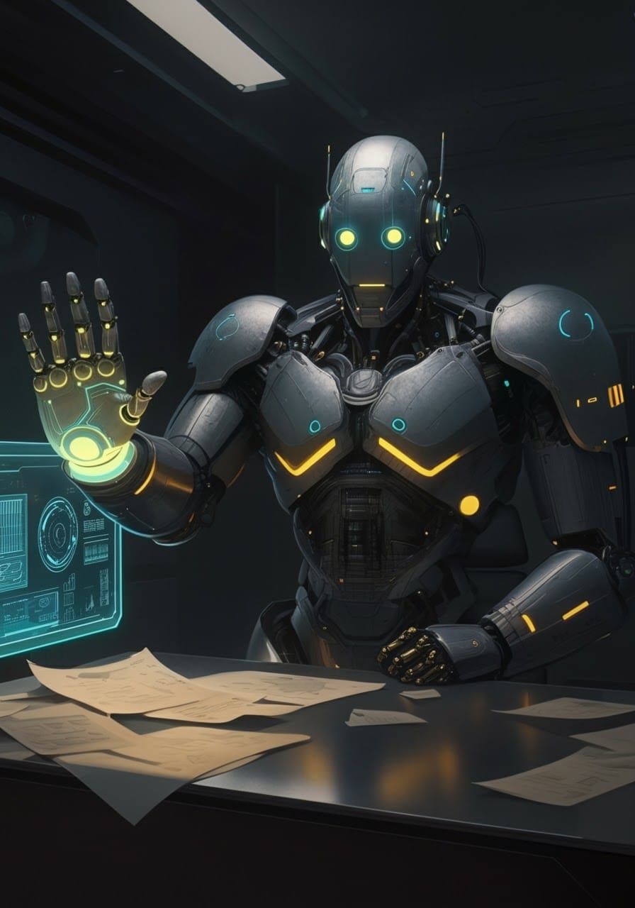 Android Robot Illuminates Desk in Cyberpunk Style