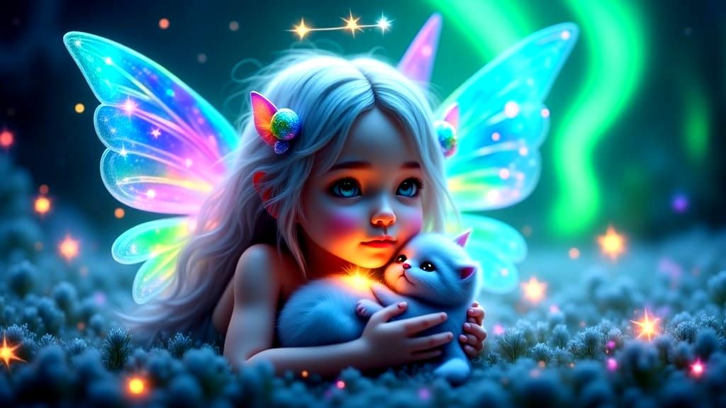 Glowing Fairy with Iridescent Wings and Kitten